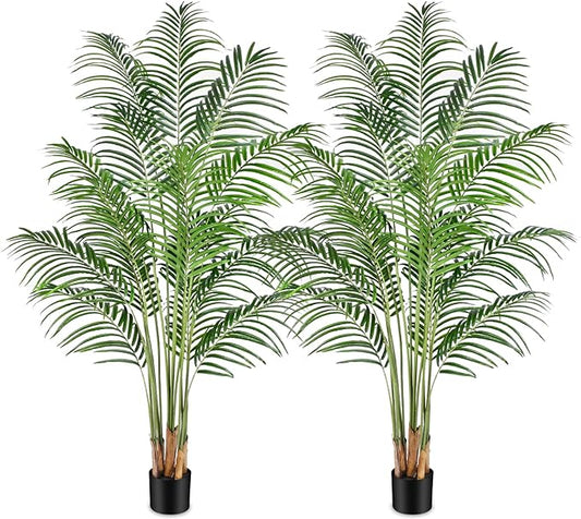 Artificial Palm Tree 6ft Tall Fake Palm Tree Indoor Decor with 18 Trunks and Real Bark Design Faux Tropical Areca Palm Silk Floor Plant in Pot for Home Office Living Room Bedroom Decor 2pcs