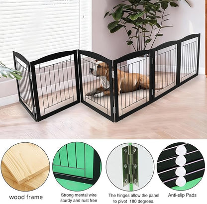 ZJSF Freestanding Foldable Dog Gate for House Extra Wide Wooden Black Indoor Puppy Gate Stairs Dog Gates Doorways Tall Pet Gate 6 Panels Fence