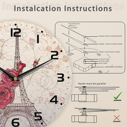 Vintage Eiffel Tower Wall Clock Vintage Wooden Wall Clock Silent Non-Ticking Battery Operated Arabic Numerals Wall Clocks Decorative for Kitchen, Office, Classroom 10 Inch