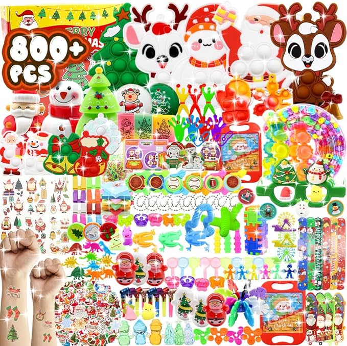 BicMan 801PCS Christmas Party Favors for Kids – Treasure Box Prizes, Pop Fidget Keychains, Goodie Bag Stuffers, Classroom Rewards, Xmas Stickers & Holiday Party Gifts Bulk Pack