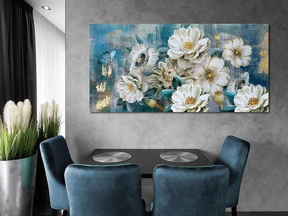 Arjun Flowers Canvas Wall Art for Bedroom White Elegant Teal Picture, Textured Floral Magnolia Painting Living Room Wall Decor Turquoise Large Artwork Dining Room Home Office 48"x24"