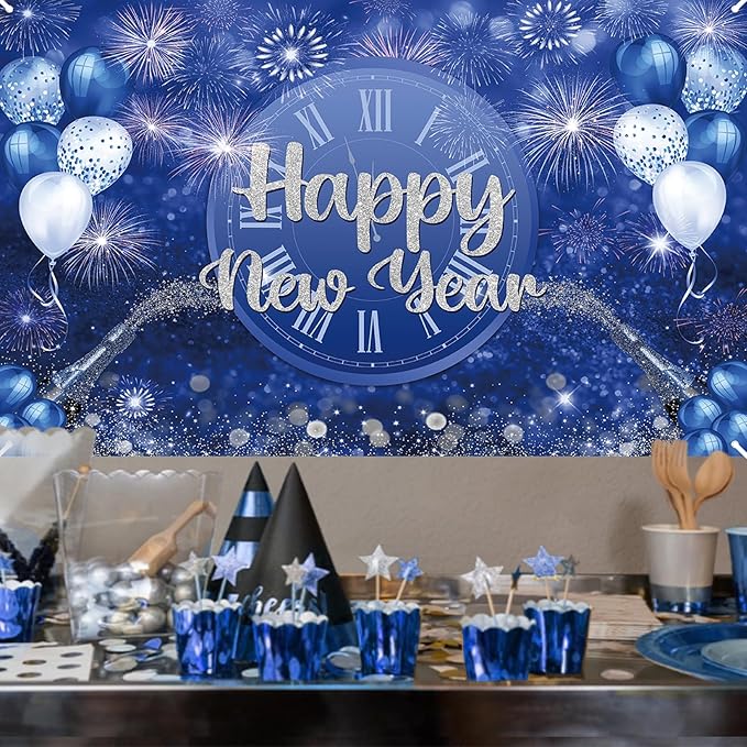 MEHOFOND Happy New Year Backdrop Blue 2026 New Year Eve Party Decorations Banner Supplies Shining Champagne Balloons Firework Photography Background New Years Eve Photo Studio Props 6 x 3.6 ft