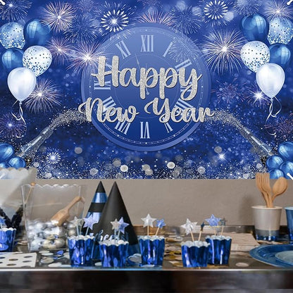 MEHOFOND Happy New Year Backdrop Blue 2026 New Year Eve Party Decorations Banner Supplies Shining Champagne Balloons Firework Photography Background New Years Eve Photo Studio Props 6 x 3.6 ft