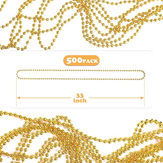 500 PCS Gold Bead Necklace, 33 Inch Mardi Gras Christmas Beads, Bulk Metallic Party Beads for Mardi Gras Parade, St Patricks Day, Wedding, Birthday, Pirate Party, Carnival Party Favors