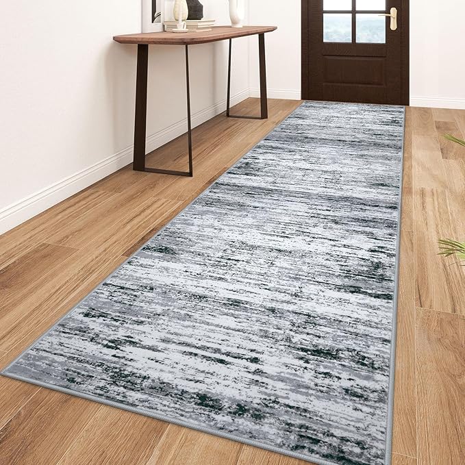 Modern Abstract Runner Rug 3x10, Black Grey White Washable Kitchen Runner Non-Slip Soft Hallway Rug Runner Thin Print Faux Wool Carpet for Entryway Bedroom Laundry Room Indoor Home Office Decor