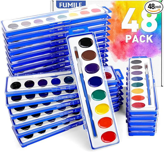 FUMILE 48 Pack Watercolor Paint Set,8 Colors Washable Valentines Water Color Paint Set for Kids with Paintbrush,Watercolor Paint for Prizes Exchange Gifts,Valentine's Day Gifts,Party Favor,Classroom