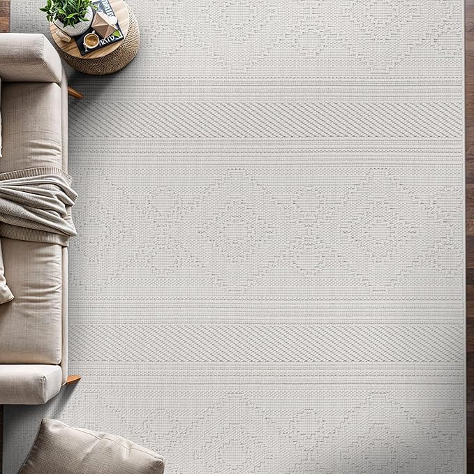 Beverly Rug Micro Loop Area Rug White 8x10 Modern Luxury Soft Boho Geometric Durable Indoor Area Rugs for Living Dining Room Office Stain Resistant Non Shedding Casual Indoor Carpet White 8 x 10
