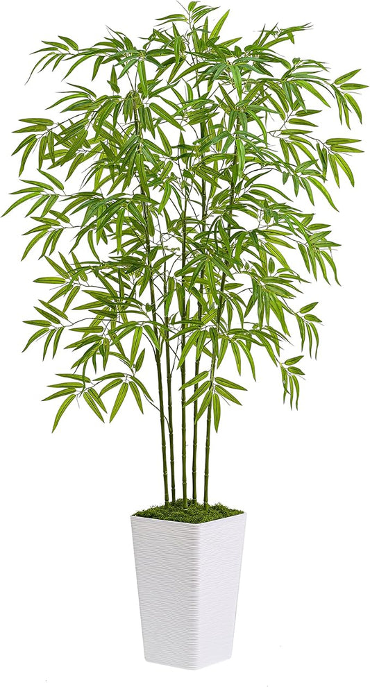 Artificial Bamboo Tree 5FT Tall Fake Plants Faux Bamboo Plant with White Tall Planter, Artificial Fake Trees Silk Plant with 5 Trunks and Lifelike Leaves for Home Office Indoor Outdoor Decor