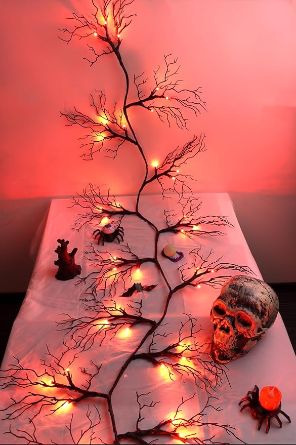 6 FT Halloween Black Garland Willow Vine Twig Decor with Orange Light, 8 Modes & Timer Battery Operated Waterproof Halloween Decorations Indoor for Mantle Fireplace Home Party Decor