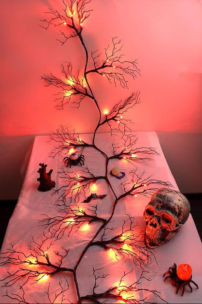 6 FT Halloween Black Garland Willow Vine Twig Decor with Orange Light, 8 Modes & Timer Battery Operated Waterproof Halloween Decorations Indoor for Mantle Fireplace Home Party Decor