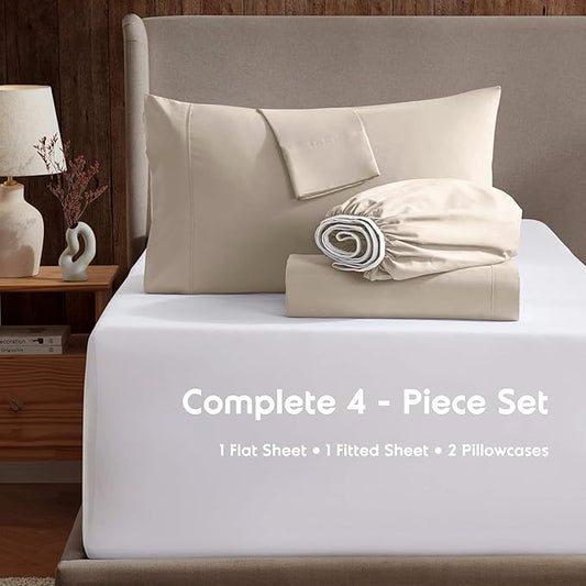 Nestl Queen Sheet Set - Luxury 1800 Ultra-Soft Microfiber Bed Sheets - Double Brushed - Deep Pockets - Easy Fit - 4 Piece Set - Bedding Sheets & Pillowcases (Queen, Beige Cream)