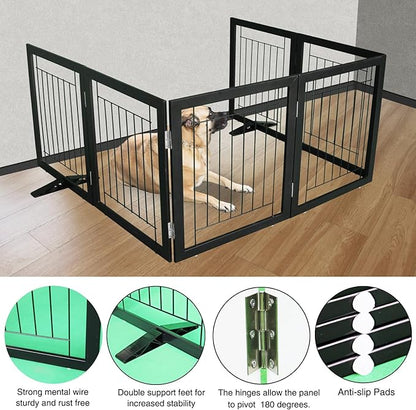 ZJSF Freestanding Dog Gate Indoor, Foldable Dog Fence for Doorways,Hallways or Stairs, Sturdy Wood Extra Wide Pet Gate with Support Feet,Black,24 "Height-6 Panels