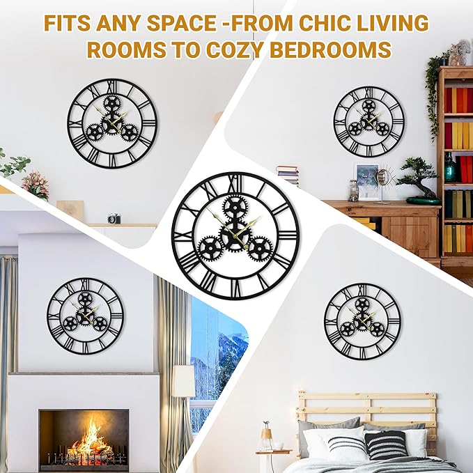 20inchesWall Clocks for Living Room Deco Metal Non Ticking Silent Battery Operated Roman Numeral Oversized Gear Wall Clocks for Bedroom Kitchen Fireplace Office Farmhouse
