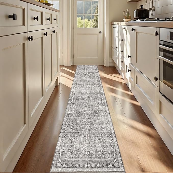 OPPODREAM Thin Vintage Grey 2x12 Runner Rug, 2 x 12 Retro Washable Rug Non Slip, Low-Pile Faux Wool Carpet, Distressed Gray Floor Mat for Kitchen, Hallway, Entry-Way, Entrance, Indoor Back Door