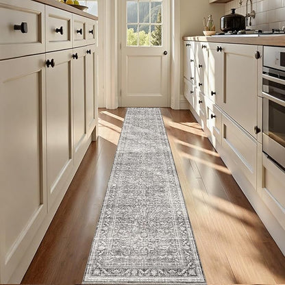 OPPODREAM Thin Vintage Grey 2x12 Runner Rug, 2 x 12 Retro Washable Rug Non Slip, Low-Pile Faux Wool Carpet, Distressed Gray Floor Mat for Kitchen, Hallway, Entry-Way, Entrance, Indoor Back Door