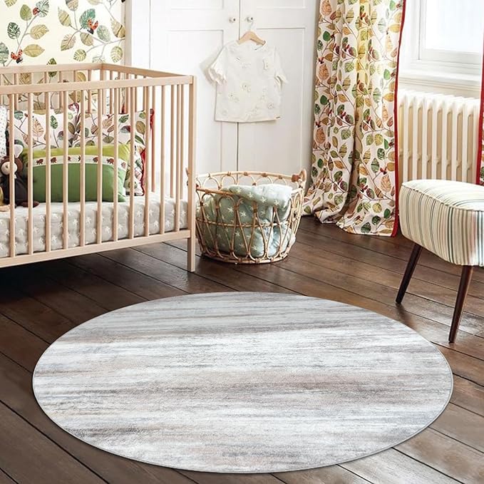 KOZYFLY Modern Abstract Round Area Rug 3Ft, Washable Kitchen Rug Non-Slip Soft Small Bathroom Circle Rug, Beige Striped Entryway Rugs Print Faux Wool Doormat for Bedside Entrance Bedroom Sink