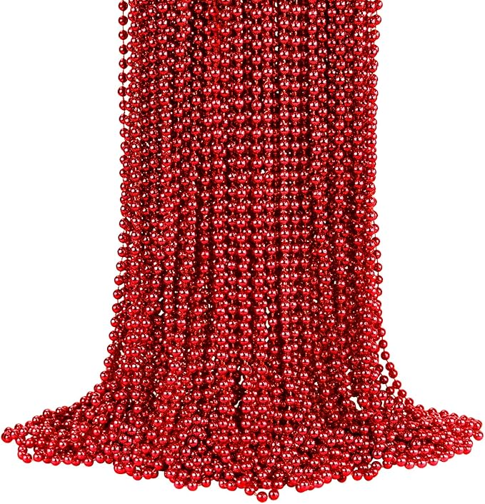YAXINRUI 72 PCS Red Bead Necklace, Red Mardi Gras Beads Christmas Necklaces, 33 Inch Round Valentine Beaded Necklaces for Mardi Gras Christmas Valentine Festive Events, Party Favors