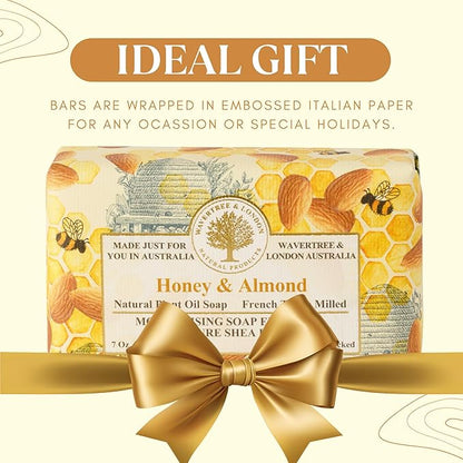 Wavertree & London Honey & Almond Scented Natural Soap Bar, 7oz Moisturizing French Triple Milled Soap Bar for Women & Men Enriched with Organic Shea Butter, Pure Bath & Body Soap (1 Bar)