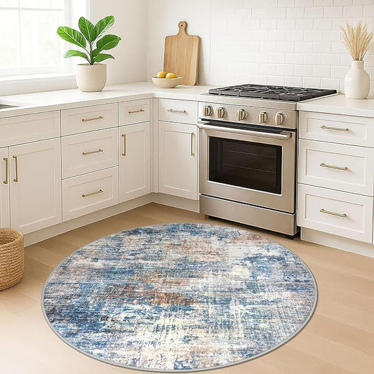 IOHOUZE Round Area Rug 5 Ft Circle Entryway Rugs Round Washable Door Mat Indoor Entrance, Non Slip Circle Front Door Rug, Printed Abstract Faux Wool Floor Carpet for Foyer Porch Sink, Blue Rust