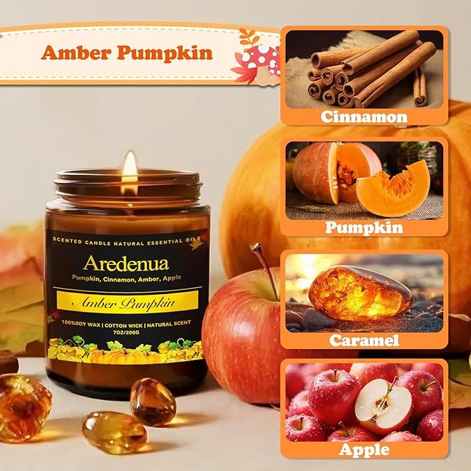 Amber Pumpkin Candle – Warm Holiday Pumpkin Scent, Hand-Poured Soy Candles for Winter Home Décor, Cozy Christmas Seasonal Candles Gift