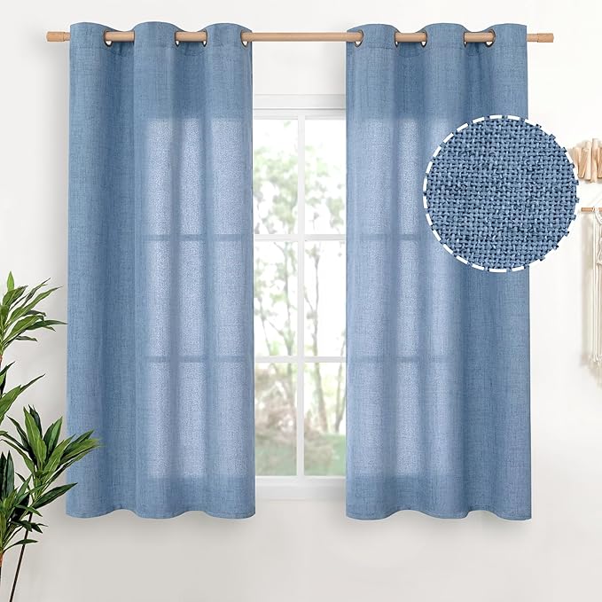 YoungsTex Blue Short Linen Curtains 45 Inches Length, Bronze Grommet Light Filtering Drapes for Bedroom Small Window Kitchen Privacy Decorative, 42 x 45 Inch, 2 Panels