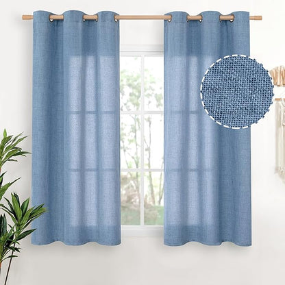 YoungsTex Blue Short Linen Curtains 45 Inches Length, Bronze Grommet Light Filtering Drapes for Bedroom Small Window Kitchen Privacy Decorative, 42 x 45 Inch, 2 Panels