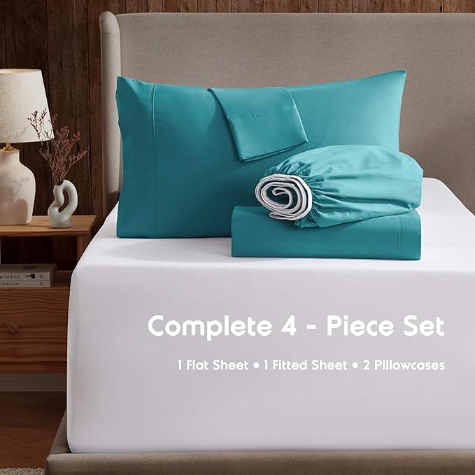 Nestl Short Queen Sheet Set - 1800 Ultra-Soft Microfiber - Double Brushed - Deep Pockets - Easy Fit - 4 Piece Set - Bed Sheets (Short Queen, Teal)