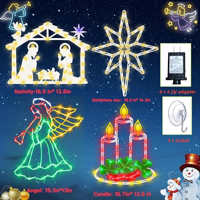 Christmas Decorations - 16" Christmas Window Silhouette Lights - 4 Pack Colour Lighted Candle & Nativity & Bethlehem Star & Angel for Holiday Indoor and Outdoor Wall Door Window Decorate