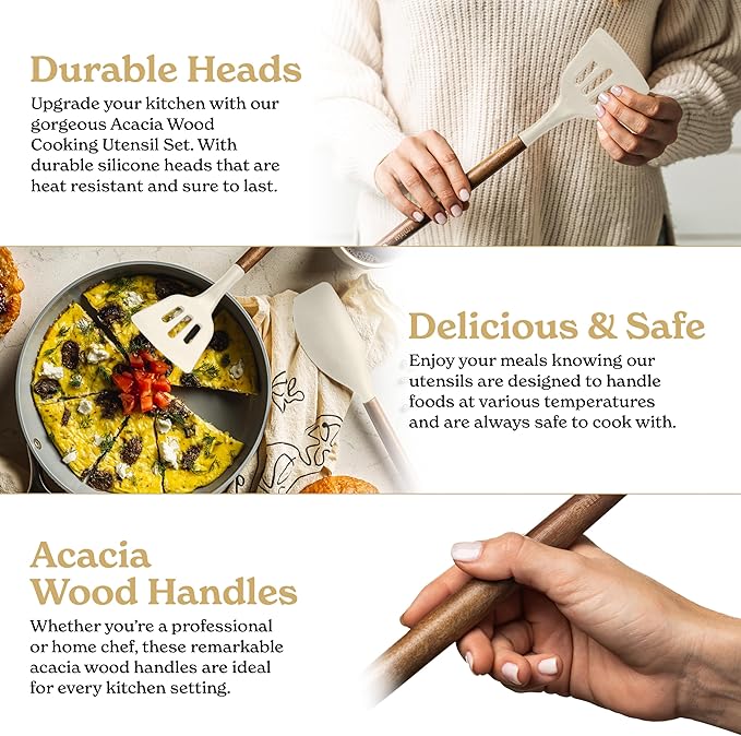 Silicone Kitchen Utensils Set & Holder: Cooking Utensils Set - Kitchen Essentials for New Home & 1st Apartment- Silicone Spatula Set, Cooking Spoons for Nonstick Cookware (Acacia Wood, Cream White)