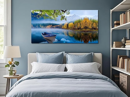Arjun Lake Canvas Wall Art for Living Room Blue Mountain Picture Bedroom Sky Nature Landscape Boat Artwork Modern Scenic Nature Painting Framed Large Size Home Office Dining Room Wall Decor 40"x20"