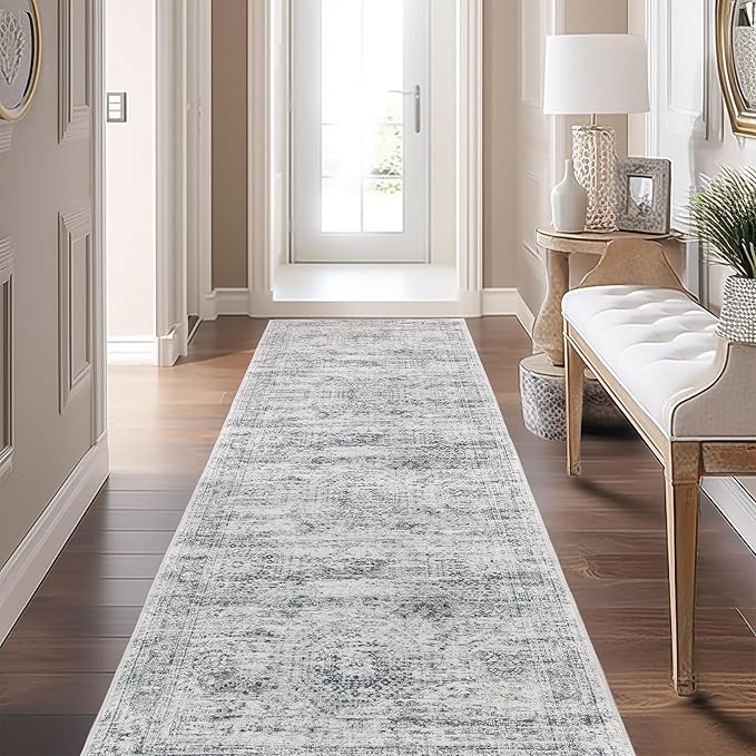 Kitchen Runner Rugs Non Skid Washable - 2.5 x 10 Runner Rug with Anti Slip Backing, Ultra-Thin Soft Rug Runner for Hallway, Bedroom, Living Room (2'x10', Grey/Ivory)