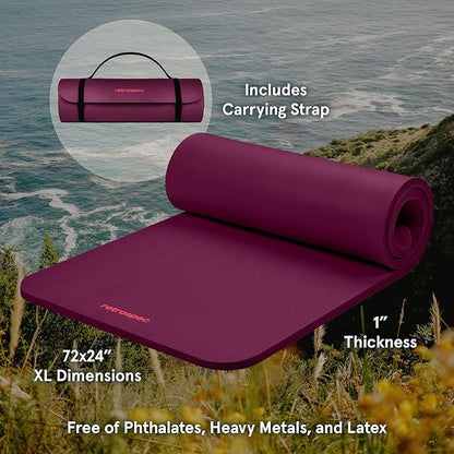 Retrospec Solana Yoga Mat 1" Thick With Nylon Carry Strap for Men & Women - Non Slip Exercise Mat for Home Yoga, Pilates, Stretching, Floor & Fitness Workouts