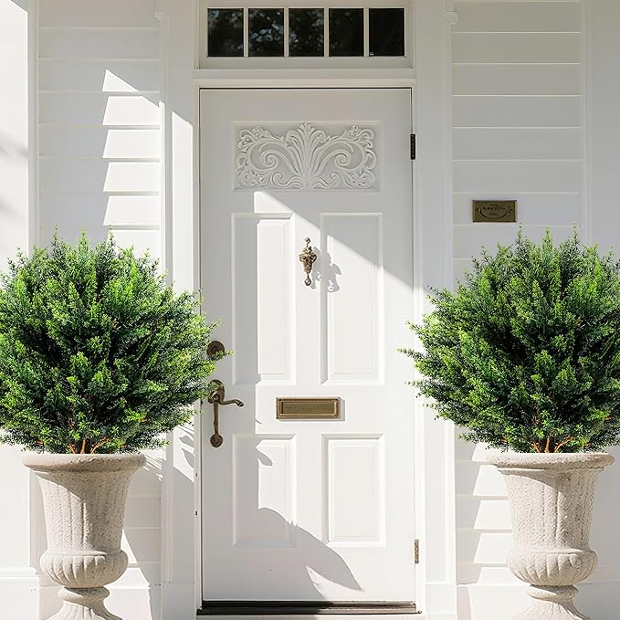 Artificial Cypress Topiary 2 Pack, UV Resistant Artificial Shrub Bushes with Ground Spike, Fake Evergreen Artificial Plant Bush for Front Porch, Garden, Indoor, Outdoor Planters