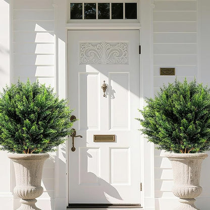 Artificial Cypress Topiary 2 Pack, UV Resistant Artificial Shrub Bushes with Ground Spike, Fake Evergreen Artificial Plant Bush for Front Porch, Garden, Indoor, Outdoor Planters