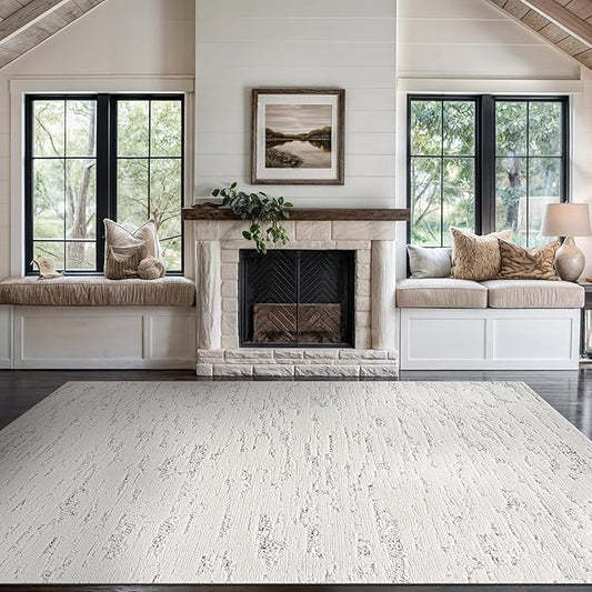 Beverly Rug Micro Loop Area Rug White/Gray 6x9 Abstract Modern Luxury Brushstroke Durable Soft Indoor Rugs for Living Dining Room Office Stain Resistant Non Shedding Casual Indoor Carpet 6 x 9
