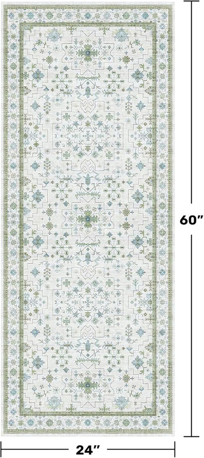 Washable Oushak Bathroom Runner Rug 2x5 - Eclectic Boho Floral Pastel, Non Slip Low Pile Stain Resistant Small Throw Rug for Bedroom, Laundry Room, Powder Room, Cream Green
