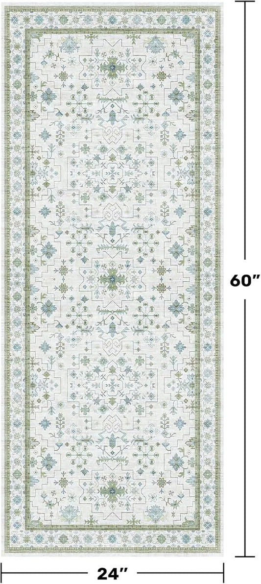 Washable Oushak Bathroom Runner Rug 2x5 - Eclectic Boho Floral Pastel, Non Slip Low Pile Stain Resistant Small Throw Rug for Bedroom, Laundry Room, Powder Room, Cream Green