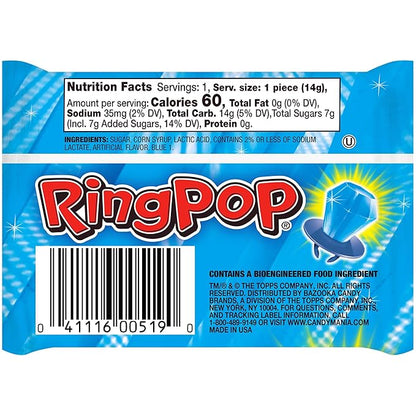 Ring Pop Blue Candy, 30 Ct Individually Wrapped Bulk Lollipop Pack, Blue Raspberry Flavored Lollipop Suckers for Kids, Fun Candy Bulk for Valentine's Gifts, Goodie Bags, Party Favors