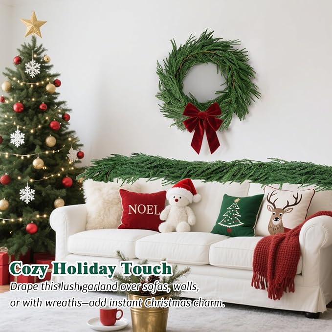 2 Pcs 6 Ft Norfolk Pine Garlands, Christmas Garlands, Real Touch Winter Pine Garland, Artificial Faux Greenery Garland for Table, Mantle, Wall, Staircase, Indoor, Outdoor Christmas Decorations