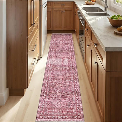 OPPODREAM Thin Vintage Hot Pink 2x10 Runner Rug, 2 x 10 Retro Washable Rug Non Slip, Low-Pile Faux Wool Carpet, Distressed Floor Mat for Kitchen, Hallway, Entry-Way, Entrance, Indoor Back Door