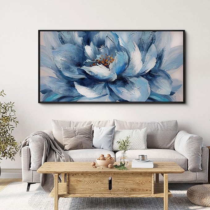XLSJERST Large Flower Canvas Wall Art for Living Room - Blue and White Flower Picture Print Painting Wall Decor Framed Artwork Ready to Hang for Home Bedroom Wall Decoration Size 24x48