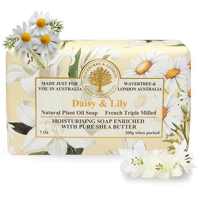 Wavertree & London Daisy & Lily Scented Natural Soap Bar, 7oz Moisturizing French Triple Milled Soap Bar for Women & Men Enriched with Organic Shea Butter, Pure Bath & Body Soap (1 Bar)