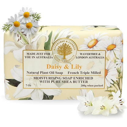Wavertree & London Daisy & Lily Scented Natural Soap Bar, 7oz Moisturizing French Triple Milled Soap Bar for Women & Men Enriched with Organic Shea Butter, Pure Bath & Body Soap (1 Bar)