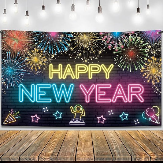 KatchOn, XtraLarge Neon Happy New Year Banner - 72x44 Inch | Neon New Year Backdrop 2026 | New Years Decorations 2026 | NYE Eve Banner For NYE Decorations 2026 | New Years Eve Party Supplies 2026