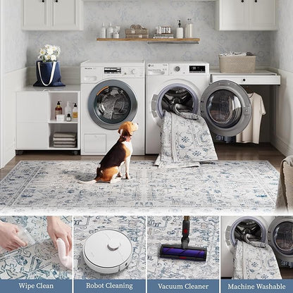 jinchan Vintage Area Rug 3x5 for Entryway - Machine Washable Stain Resistant Non-Slip Low Pile Ultra-Thin Floral Print Indoor Rug for Kitchen Bedroom Living Room (3x5ft,Blue)