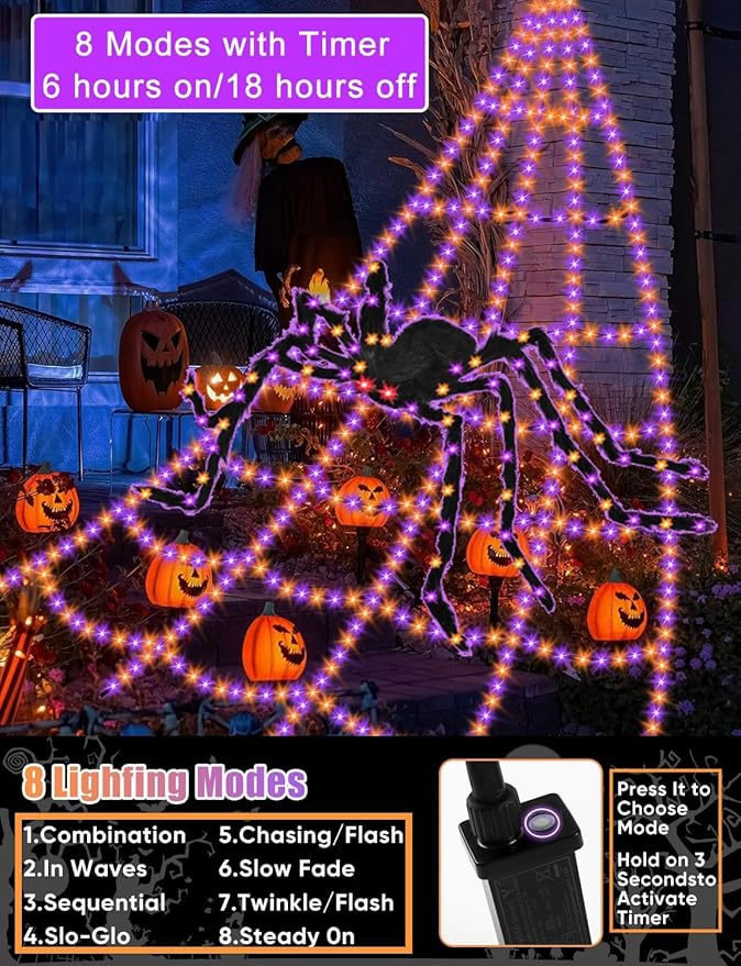 Spider Web Halloween Decorations Lights - 550 LEDs Outdoor Giant Halloween Decor 16.4ft Spider Web with 4ft Light-up Spider, 8 Modes, Waterproof&Timer for Yard Garden, Outside Party (with Spider)