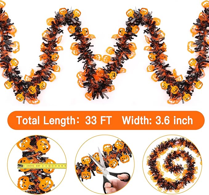 33FT Halloween Tinsel Garland with Orange Pumpkin Ornament, Shiny Metallic Twist Garland Outdoor Indoor Halloween Decorations for Home Table Office Classroom Fireplace Mantle Party Decor