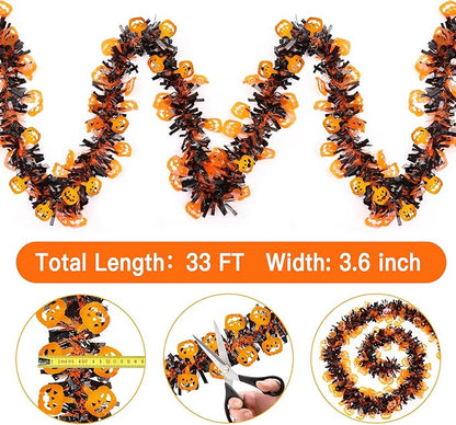 33FT Halloween Tinsel Garland with Orange Pumpkin Ornament, Shiny Metallic Twist Garland Outdoor Indoor Halloween Decorations for Home Table Office Classroom Fireplace Mantle Party Decor
