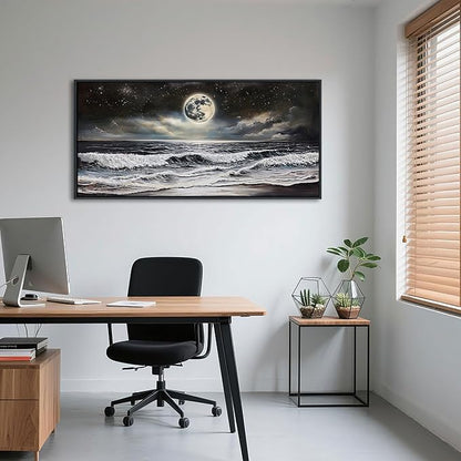 QZQCBLC Large Black Ocean Wall Art, White Sea Waves Moon Starry Clouds Canvas Print Paintings Artwork Beach Landscape Pictures for Living room Bedroom Home Office Wall Pictures Decor 24x48 IN