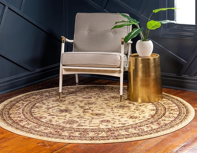 Rugs.com Aditi Collection Rug – 7 Ft Round Cream Medium-Pile Rug Perfect for Kitchens, Dining Rooms